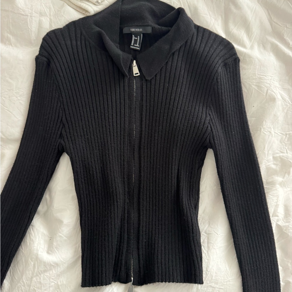 Black Ribbed Zip-Up Sweater